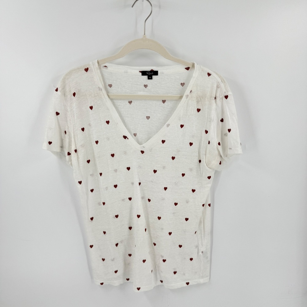 Rails Cara V-Neck Tee White Red Hearts XS Linen Blend Shirt Coquette Breathable